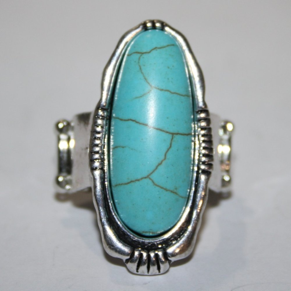🌀 Tall Silver & Faux Turquoise Ring – Adjustable Size 8–10 Boho Statement ·
